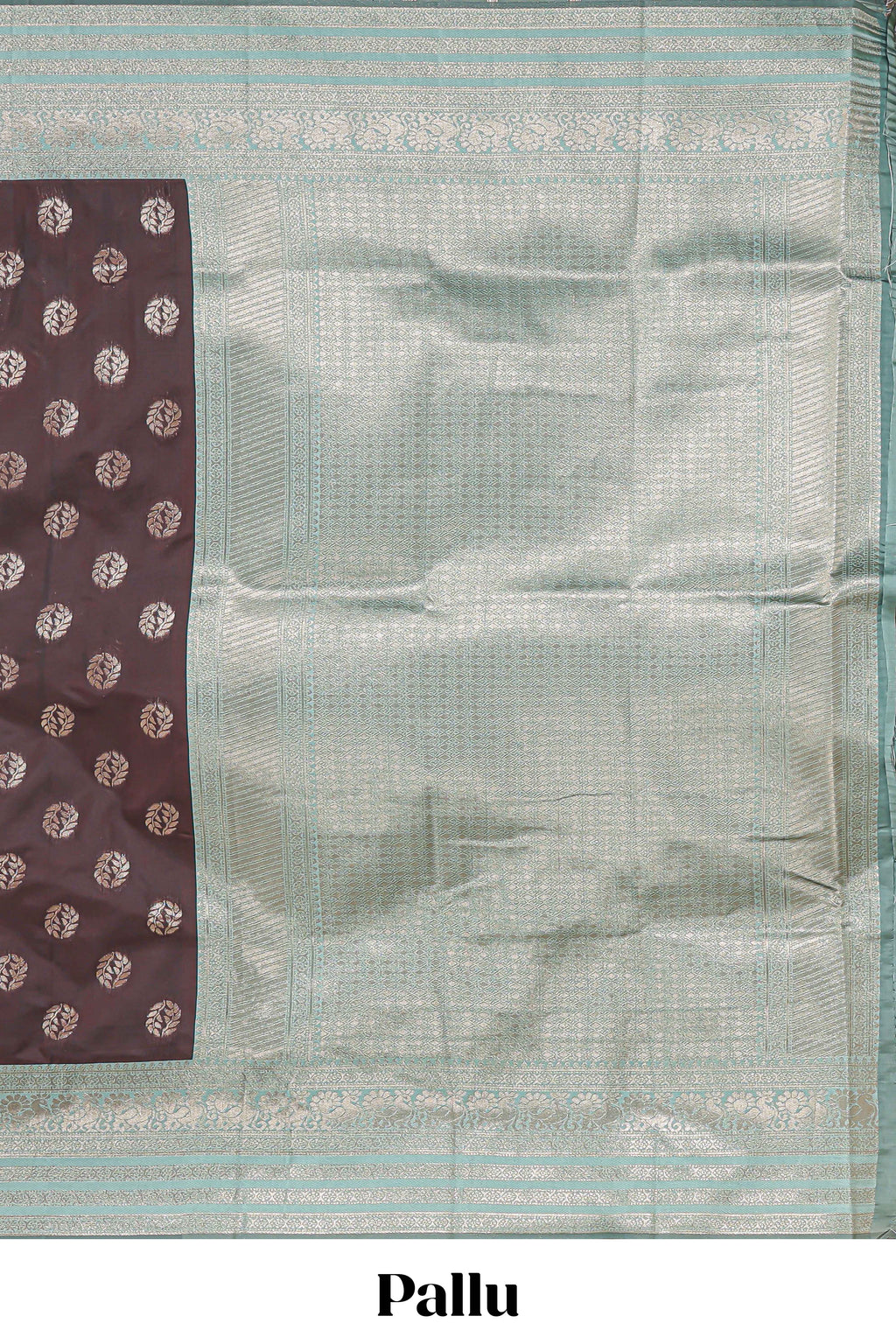 Dark brown zari butta design semi soft silk saree with contrast border and blouse