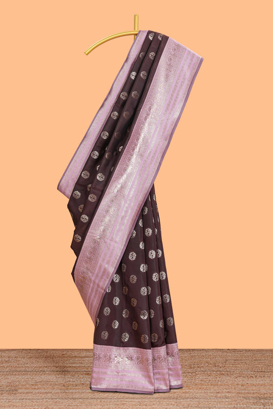 Dark brown zari butta design semi soft silk saree with contrast border and blouse