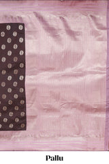 Dark brown zari butta design semi soft silk saree with contrast border and blouse