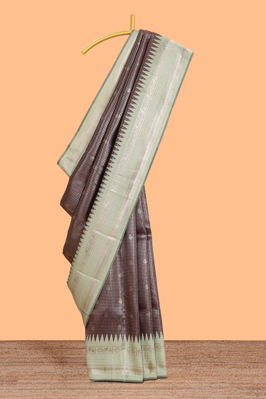 Dark brown zari checked design semi soft silk saree with contrast border and blouse