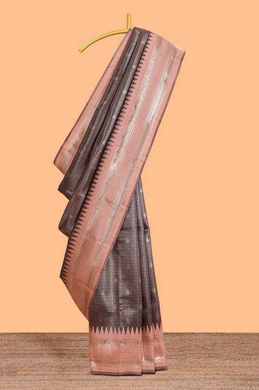 Dark brown zari checked design semi soft silk saree with contrast border and blouse