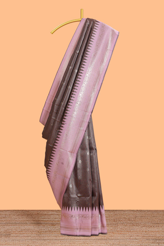 Dark brown zari checked design semi soft silk saree with contrast border and blouse