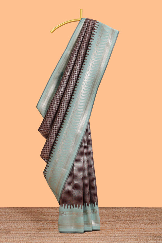 Dark brown zari checked design semi soft silk saree with contrast border and blouse