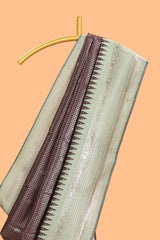 Dark brown zari checked design semi soft silk saree with contrast border and blouse