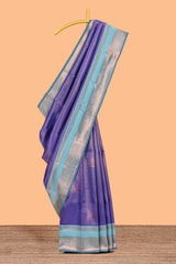 Blue checked floral motifs design semi soft silk saree with contrast zari border and floral motifs blouse