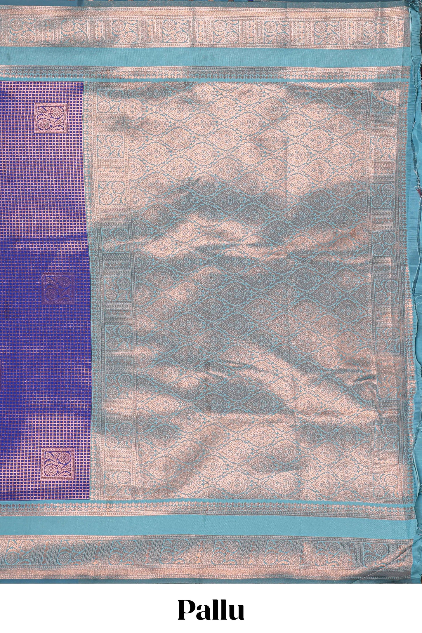 Blue checked floral motifs design semi soft silk saree with contrast zari border and floral motifs blouse