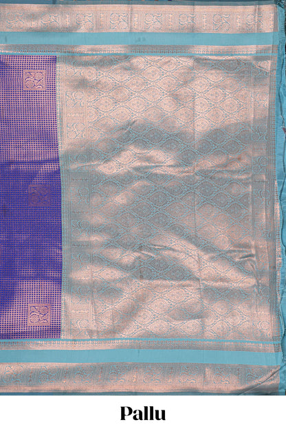 Blue checked floral motifs design semi soft silk saree with contrast zari border and floral motifs blouse