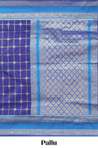 Blue checked floral zari design semi soft silk saree with contrast bentex border and floral motifs blouse