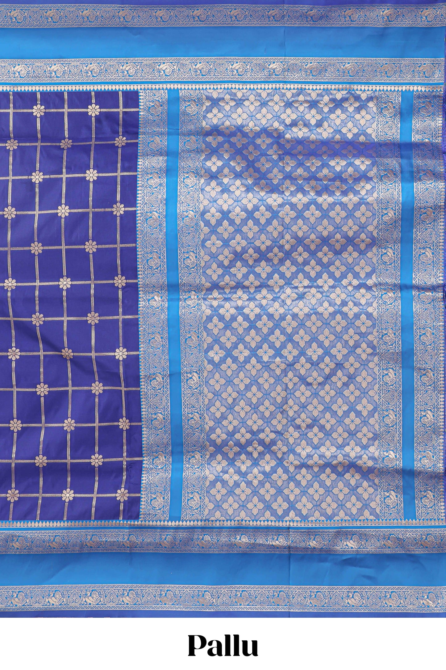 Blue checked floral zari design semi soft silk saree with contrast bentex border and floral motifs blouse
