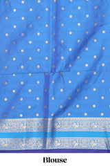 Blue checked floral zari design semi soft silk saree with contrast bentex border and floral motifs blouse
