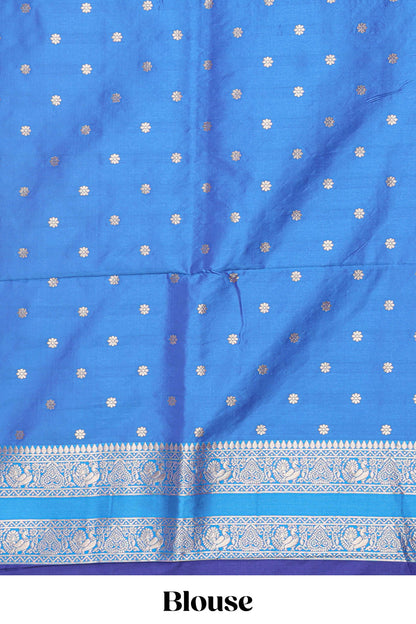 Blue checked floral zari design semi soft silk saree with contrast bentex border and floral motifs blouse