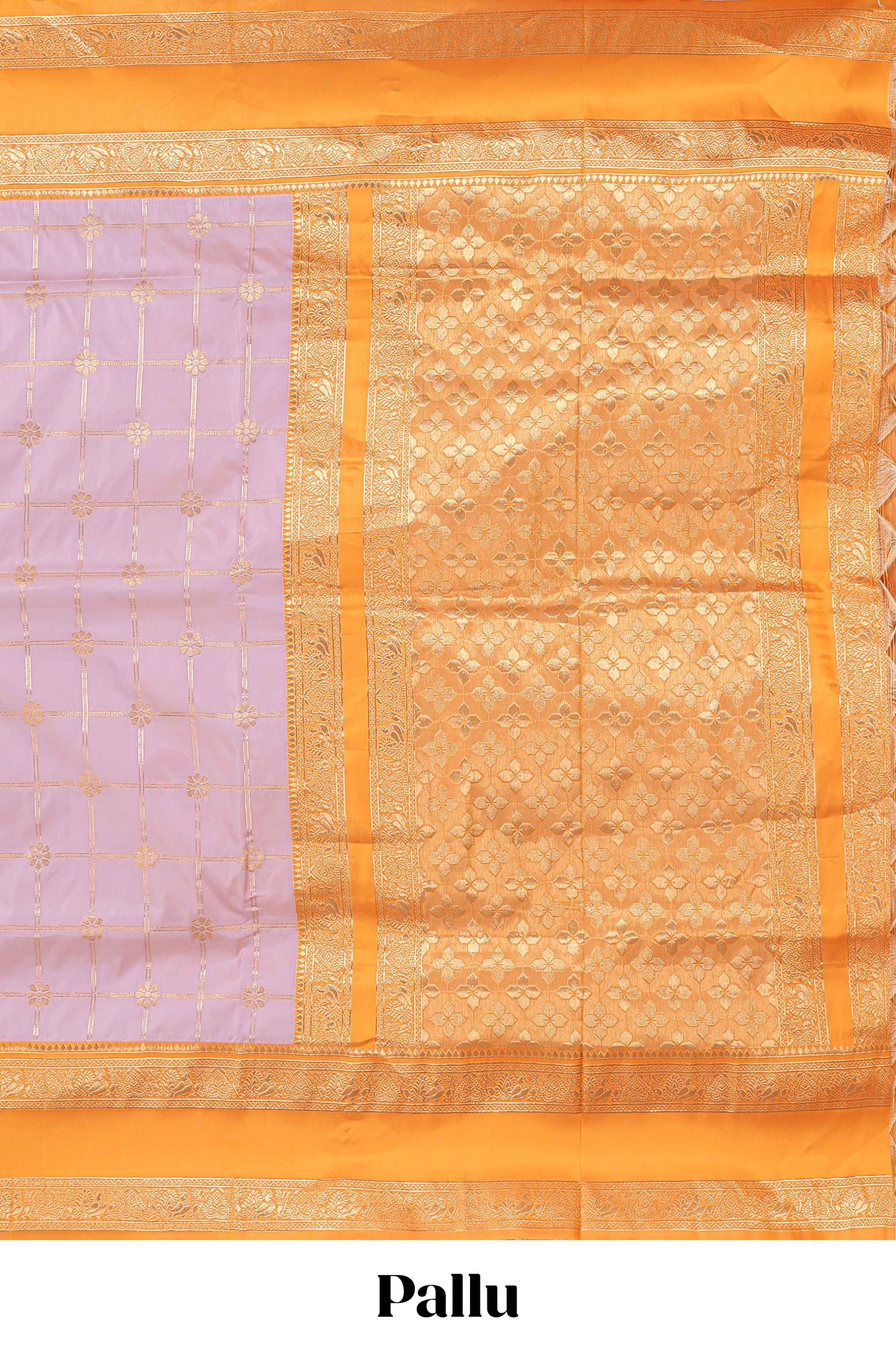 Pale lavender checked floral zari design semi soft silk saree with contrast bentex border and floral motifs blouse