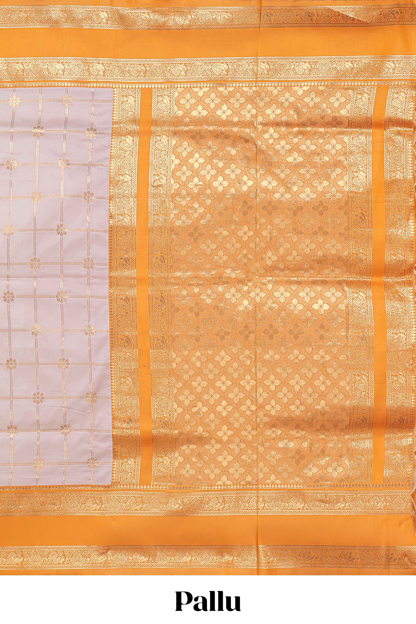 Cream checked floral zari design semi soft silk saree with contrast bentex border and floral motifs blouse