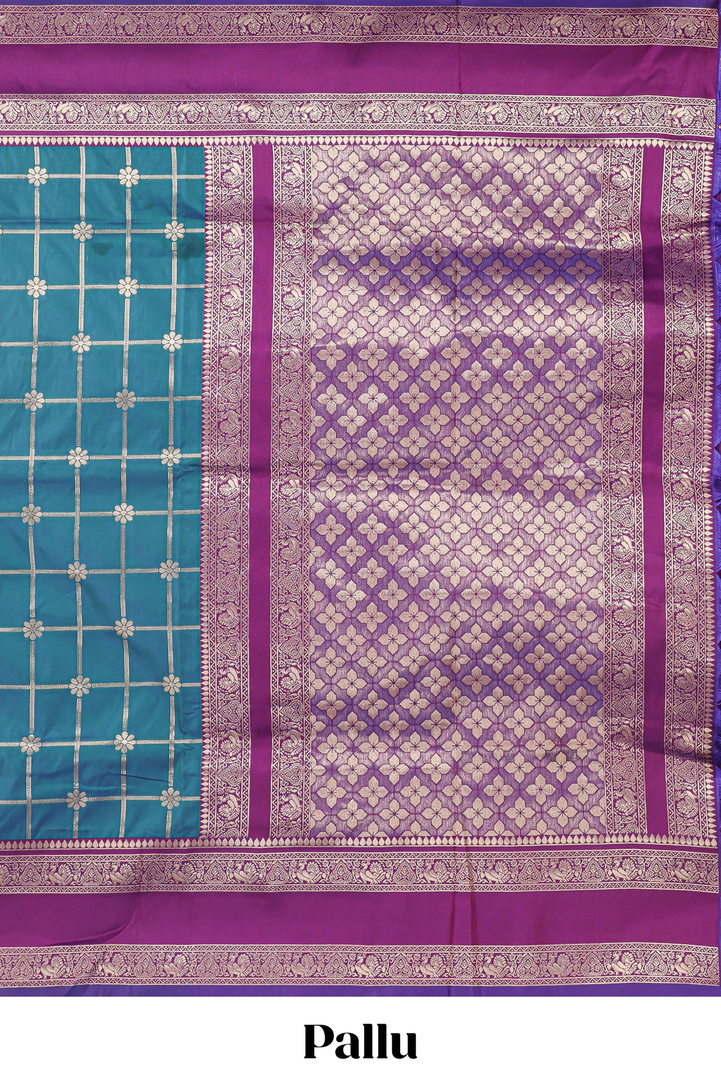Green checked floral zari design semi soft silk saree with contrast bentex border and floral motifs blouse