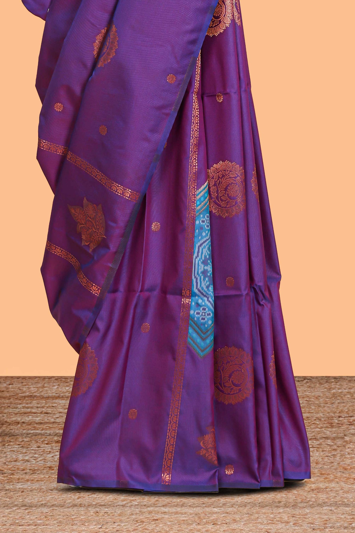 Borderless violet striped floral motifs zari design semi soft silk saree with contrast floral motifs blouse