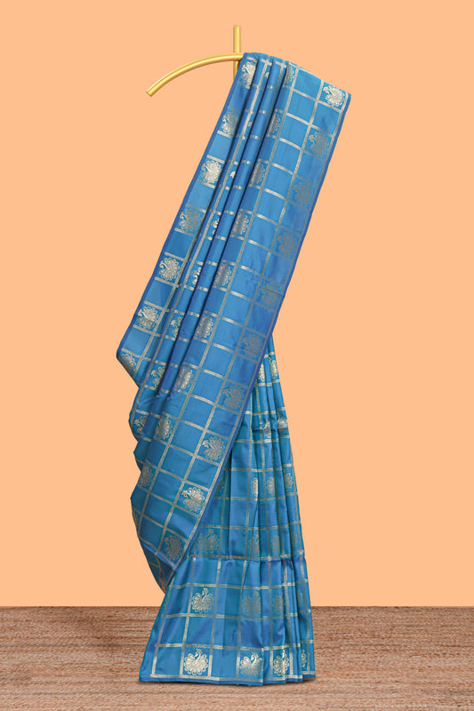 Borderless blue checked floral motifs zari design semi soft silk saree with matching zari motifs blouse