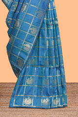 Borderless blue checked floral motifs zari design semi soft silk saree with matching zari motifs blouse