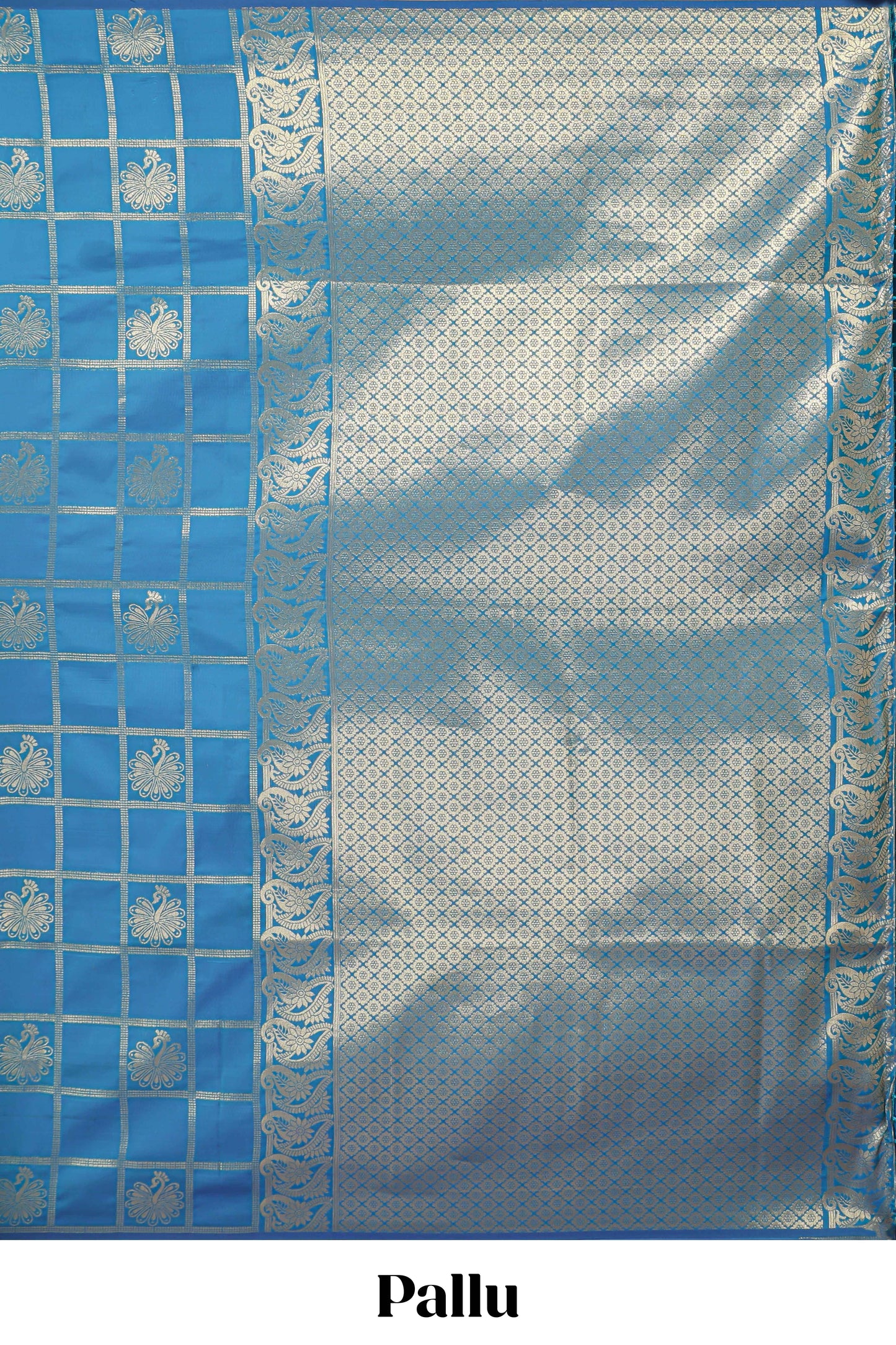 Borderless blue checked floral motifs zari design semi soft silk saree with matching zari motifs blouse