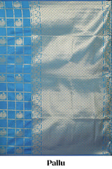 Borderless blue checked floral motifs zari design semi soft silk saree with matching zari motifs blouse