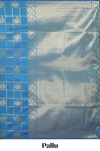 Borderless blue checked floral motifs zari design semi soft silk saree with matching zari motifs blouse