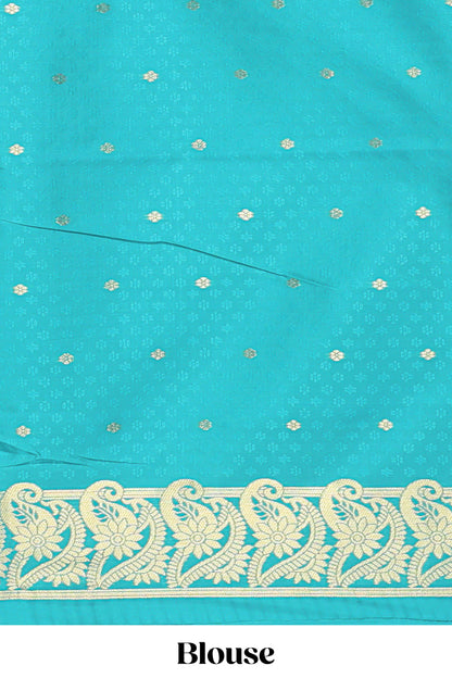 Borderless green checked floral motifs zari design semi soft silk saree with matching zari motifs blouse