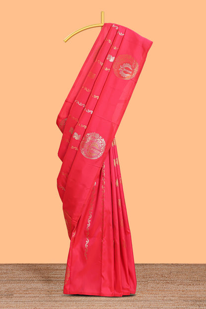 Borderless red peacock zari motifs design semi soft silk saree with matching zari design blouse