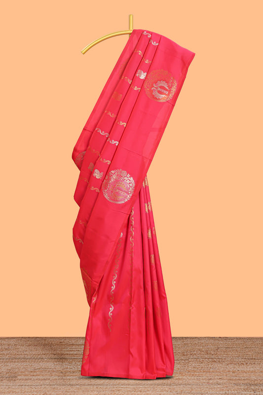 Borderless red peacock zari motifs design semi soft silk saree with matching zari design blouse