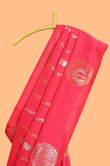 Borderless red peacock zari motifs design semi soft silk saree with matching zari design blouse