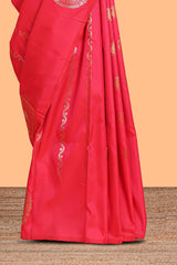 Borderless red peacock zari motifs design semi soft silk saree with matching zari design blouse