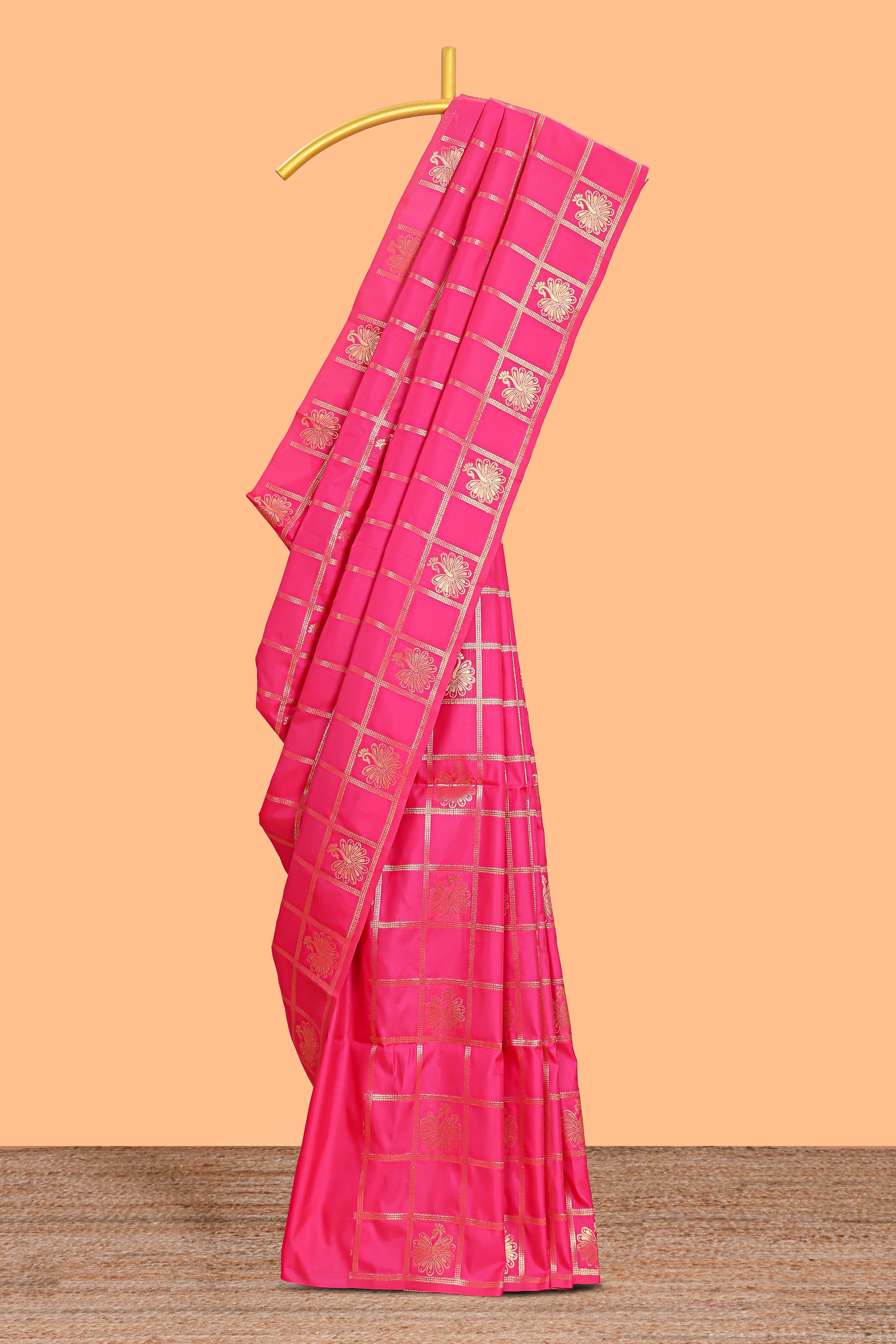 Borderless pink checked floral motifs zari design semi soft silk saree with matching zari motifs blouse