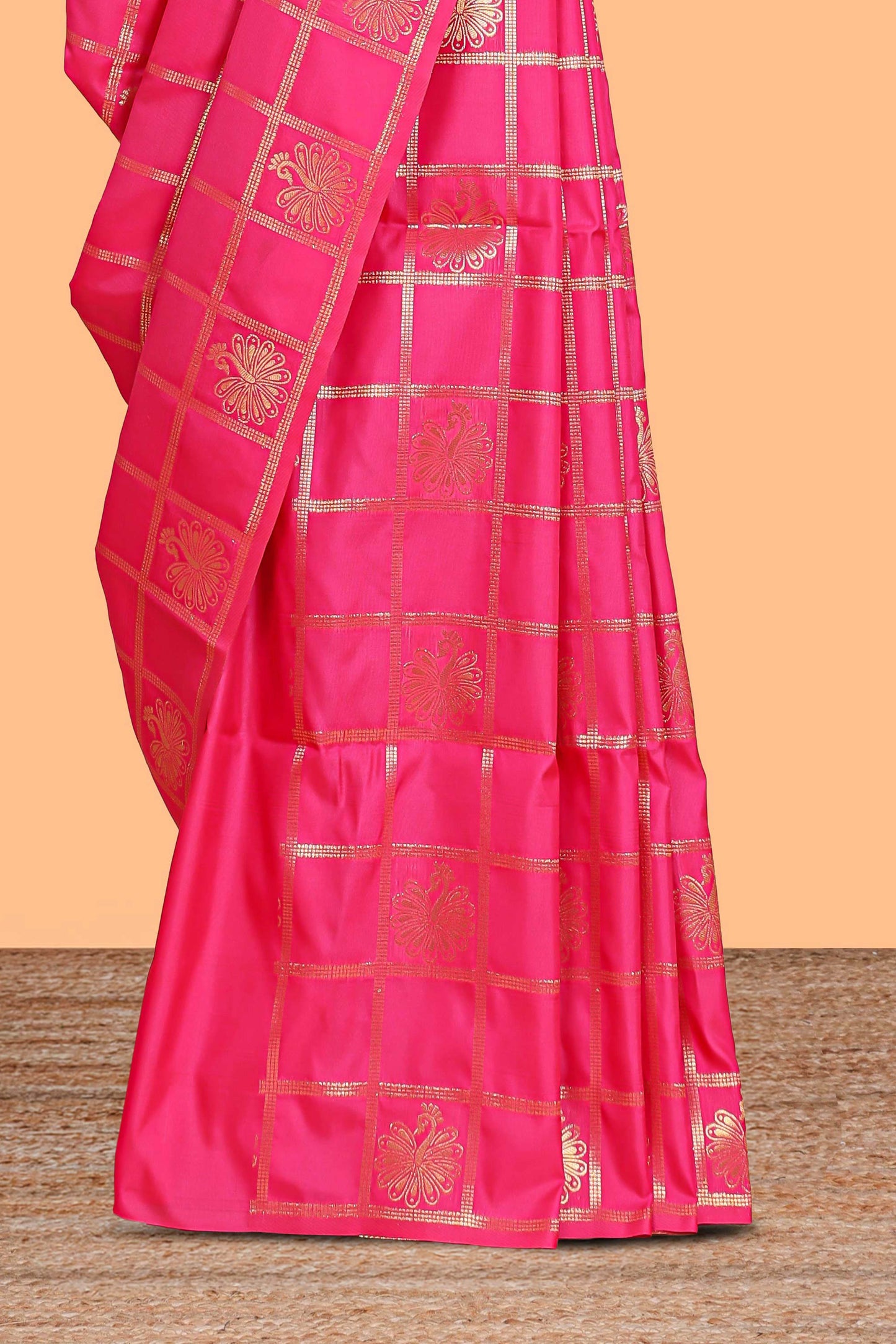 Borderless pink checked floral motifs zari design semi soft silk saree with matching zari motifs blouse