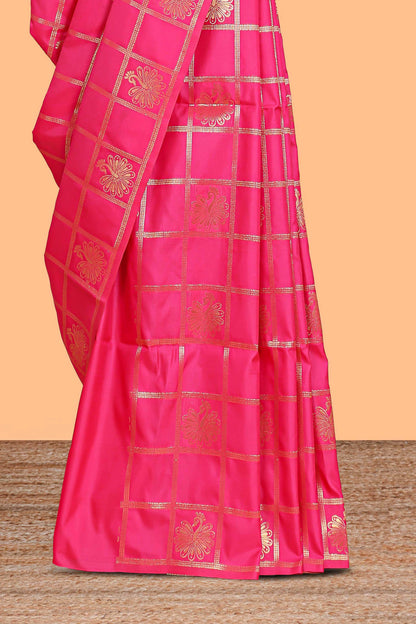 Borderless pink checked floral motifs zari design semi soft silk saree with matching zari motifs blouse