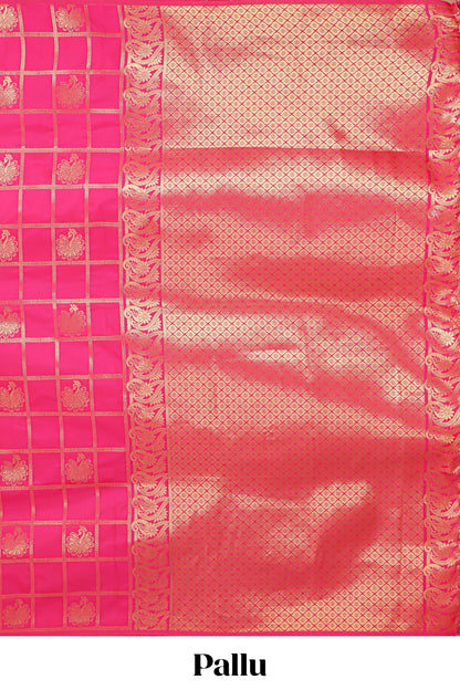 Borderless pink checked floral motifs zari design semi soft silk saree with matching zari motifs blouse