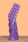 Borderless violet checked floral motifs zari design semi soft silk saree with matching zari motifs blouse