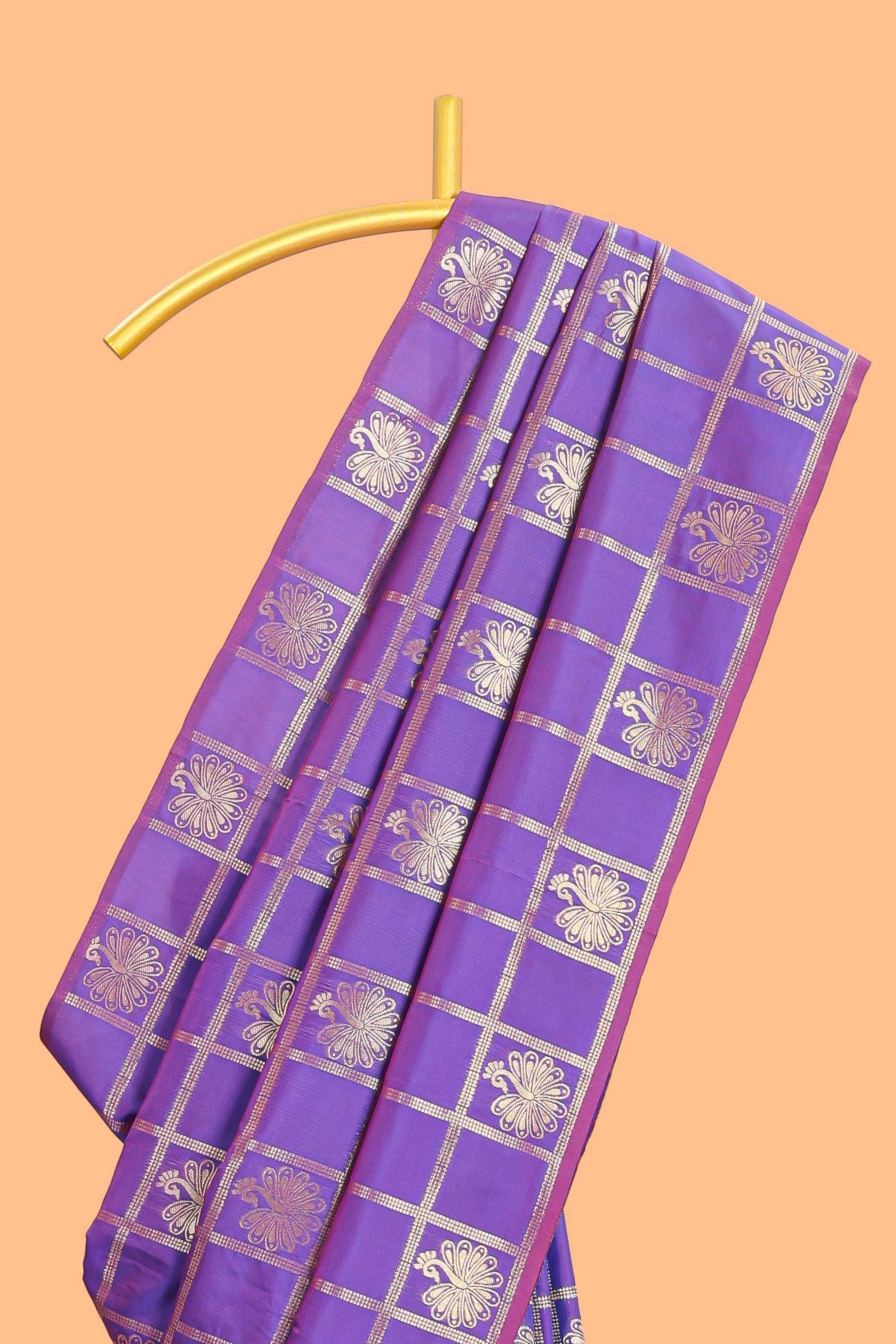 Borderless violet checked floral motifs zari design semi soft silk saree with matching zari motifs blouse