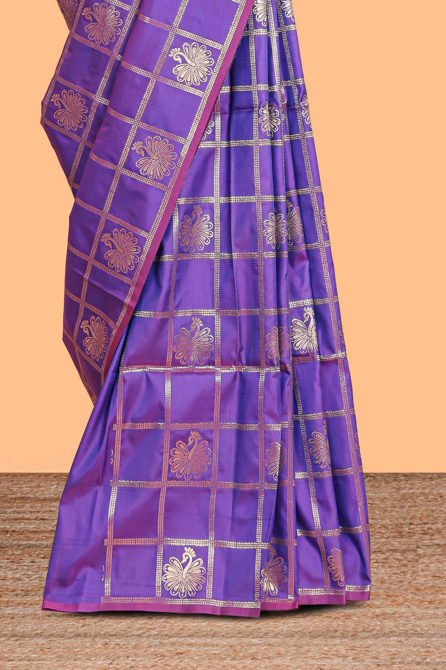 Borderless violet checked floral motifs zari design semi soft silk saree with matching zari motifs blouse