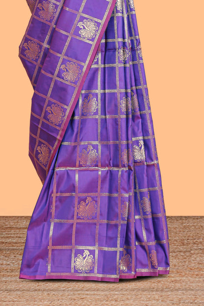 Borderless violet checked floral motifs zari design semi soft silk saree with matching zari motifs blouse
