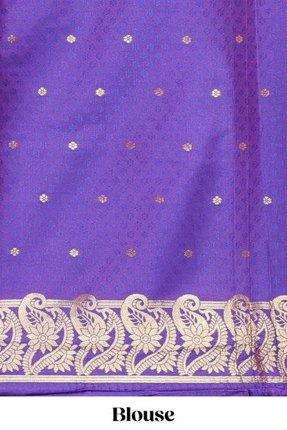 Borderless violet checked floral motifs zari design semi soft silk saree with matching zari motifs blouse