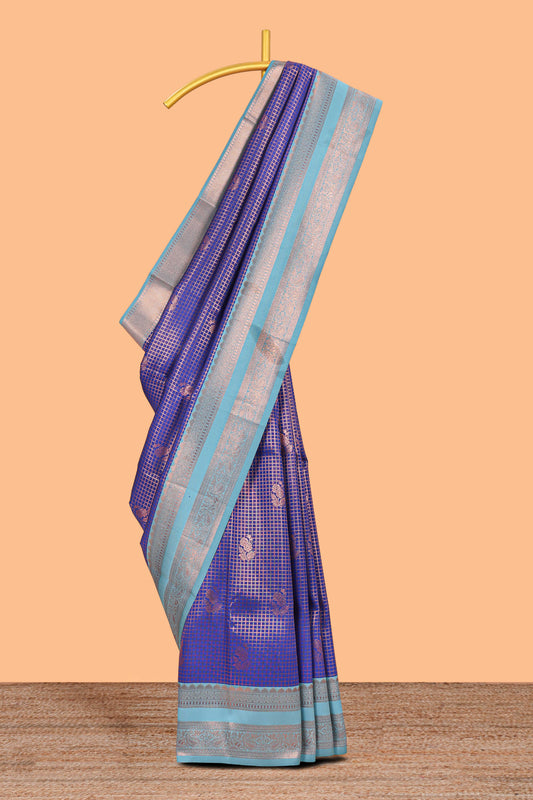 Blue checked floral motifs design semi soft silk saree with contrast zari border and floral motifs blouse