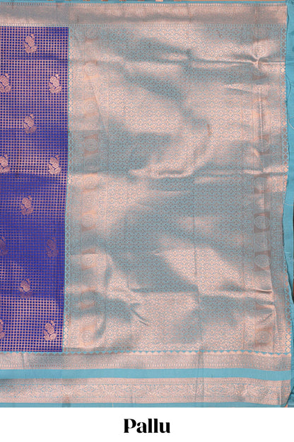 Blue checked floral motifs design semi soft silk saree with contrast zari border and floral motifs blouse