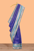 Blue checked semi soft silk saree with contrast zari border and floral motifs blouse