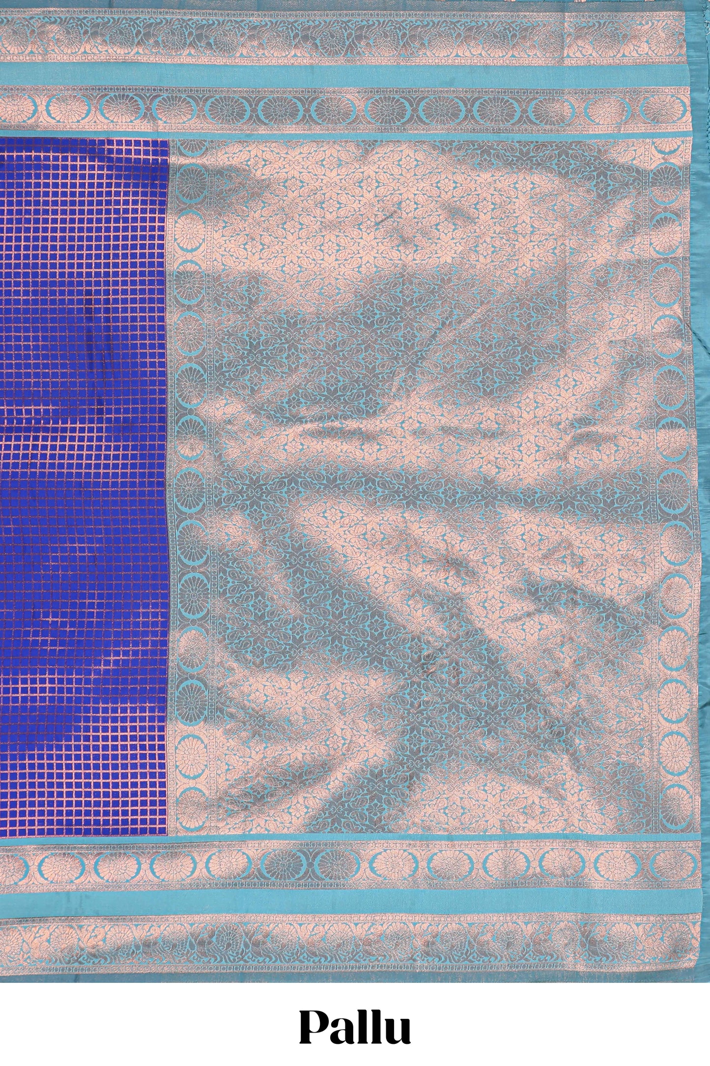Blue checked semi soft silk saree with contrast zari border and floral motifs blouse