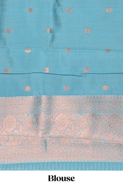 Blue checked & dotted motifs semi soft silk saree with contrast zari border and floral motifs blouse