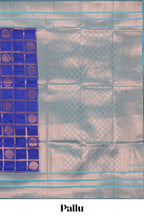 Blue checked floral design motifs semi soft silk saree with contrast zari border and floral motifs blouse