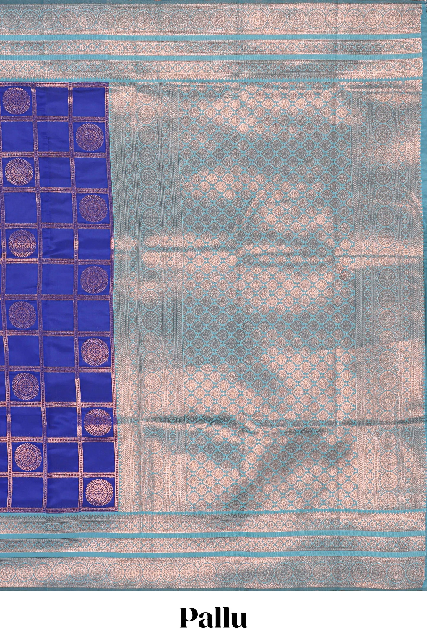 Blue checked floral design motifs semi soft silk saree with contrast zari border and floral motifs blouse