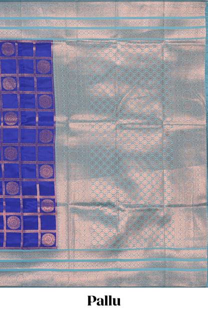 Blue checked floral design motifs semi soft silk saree with contrast zari border and floral motifs blouse