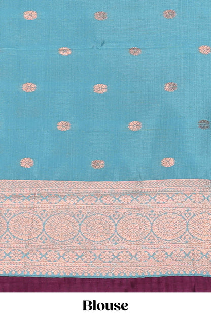 Blue checked floral design motifs semi soft silk saree with contrast zari border and floral motifs blouse