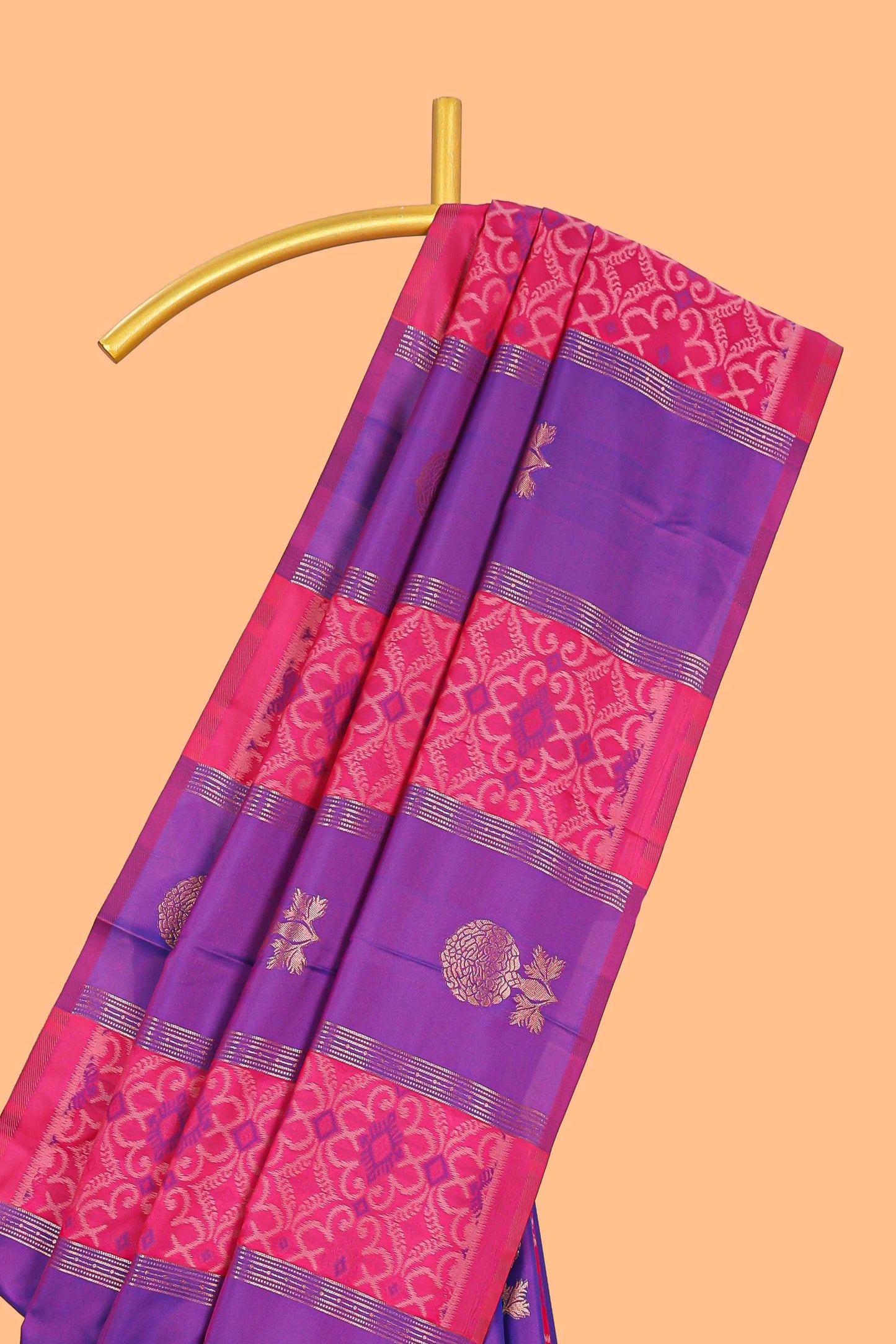 Borderless pink striped floral design smi soft silk saree with matching zari motifs blouse