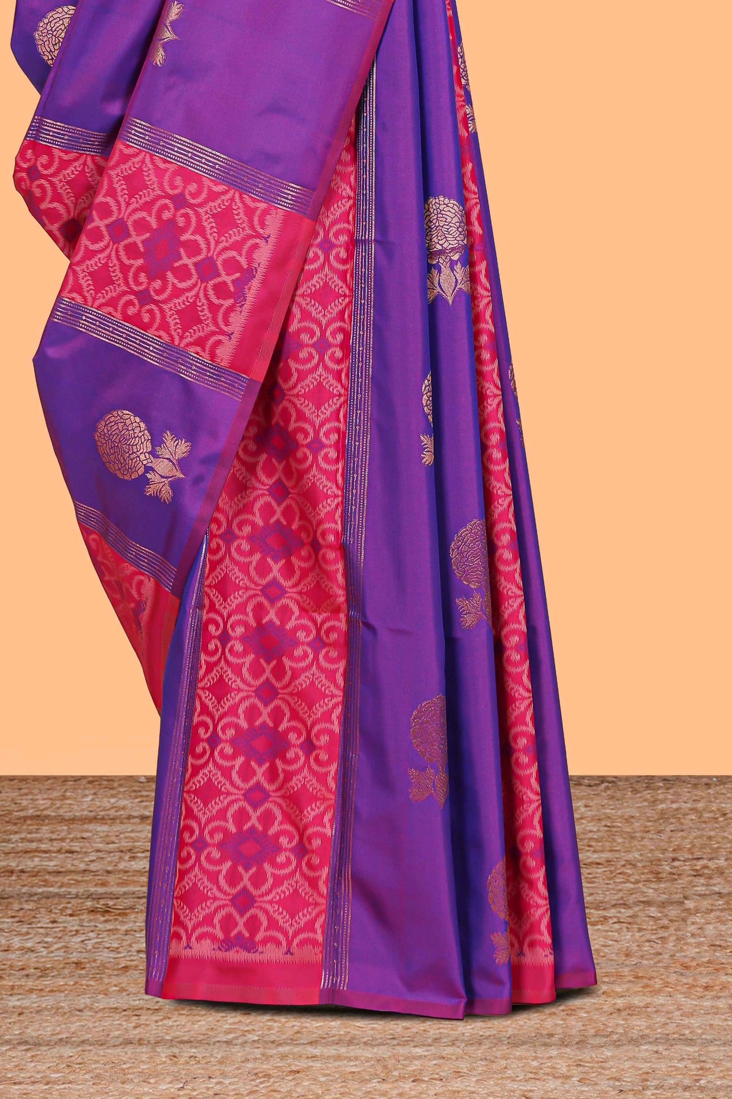 Borderless pink striped floral design smi soft silk saree with matching zari motifs blouse