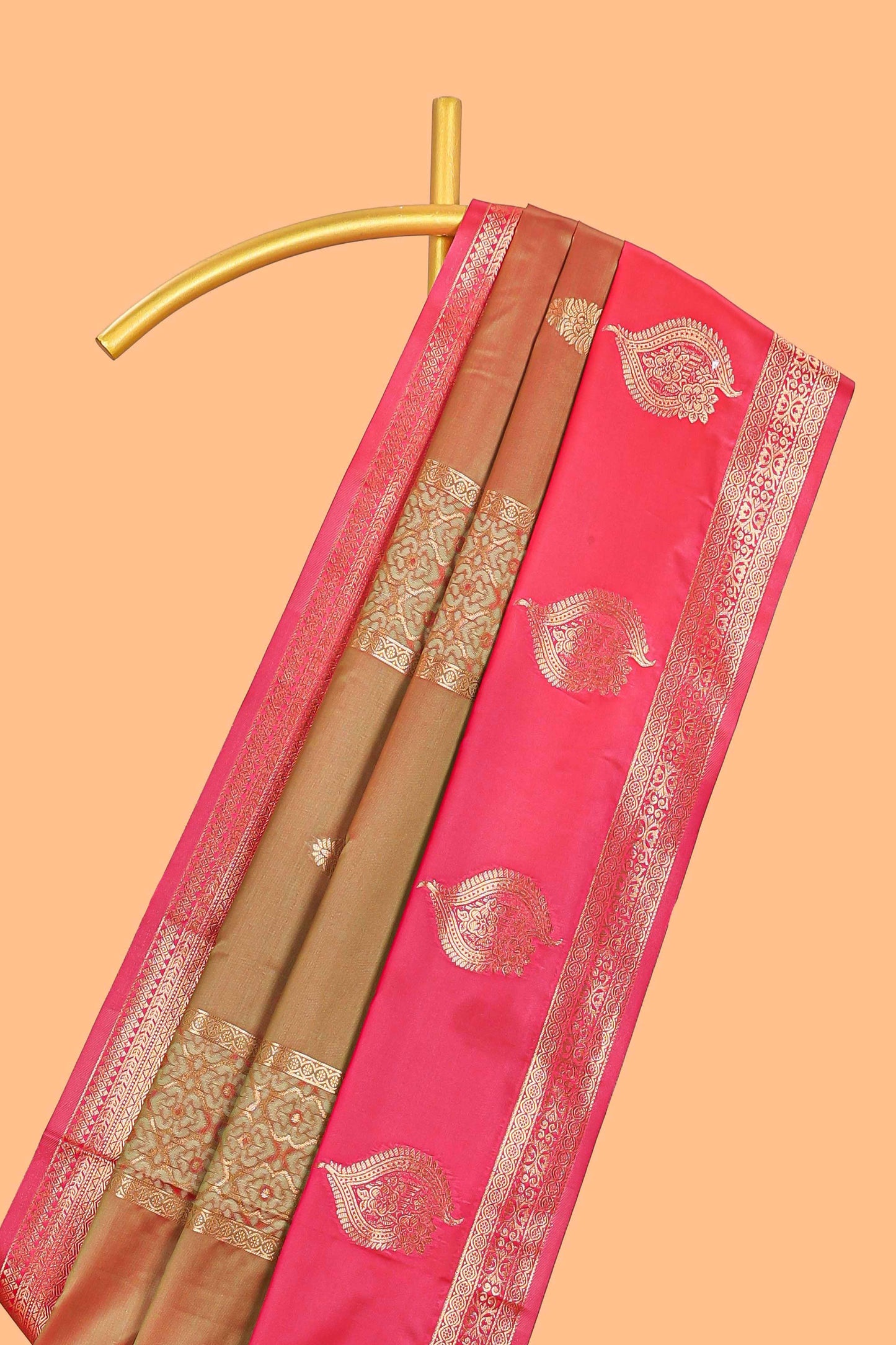 Soft silk saree with zari paisley golden  zari motifs and rich zari pallu with contrast big border